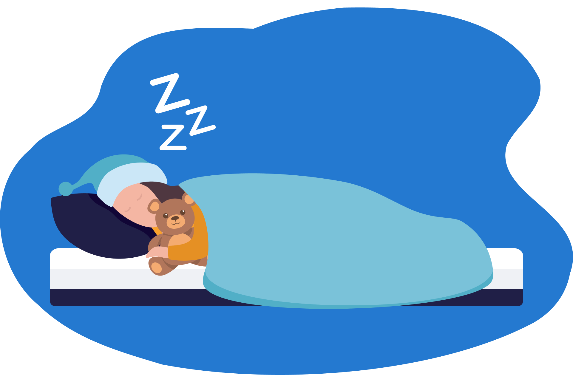 Ilustração de uma criança dormindo na cama, coberta, abraçada a um urso de pelúcia.